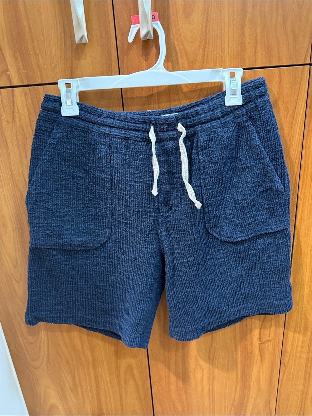 Zara Navy Knit Drawstring Patch-Pocket Shorts with White Cord